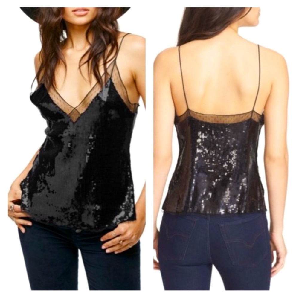 Free People Black Sequined Lace Trim Cami Tank Top